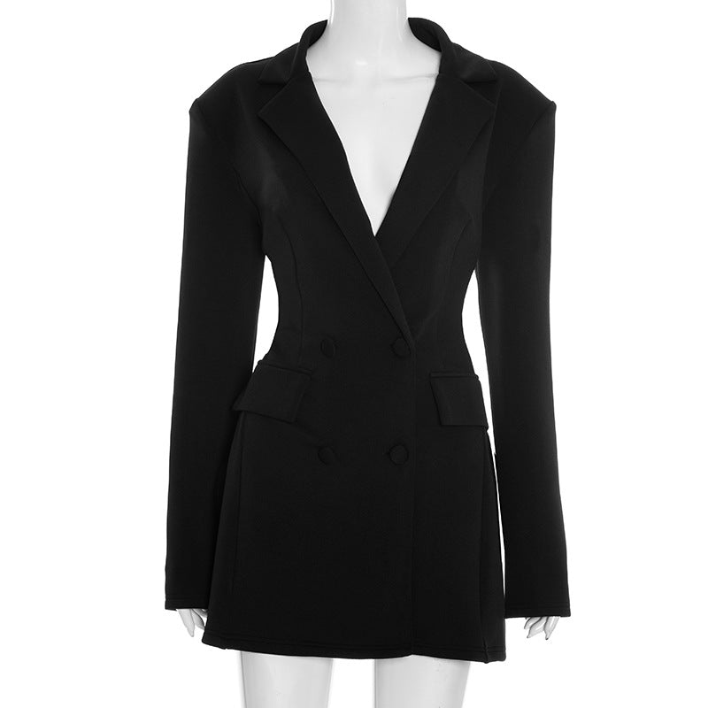 Women Clothing Autumn Solid Color Casual Slim Fit Suit Long Sleeve Bud Faux Pocket Dress Bella Mia
