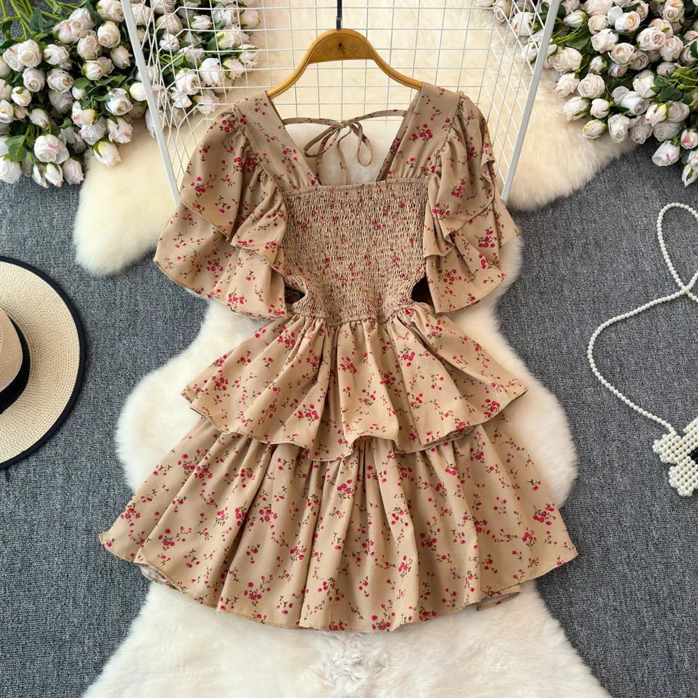 Design Summer Ruffle Sleeve Retro Pleated Floral Skirt