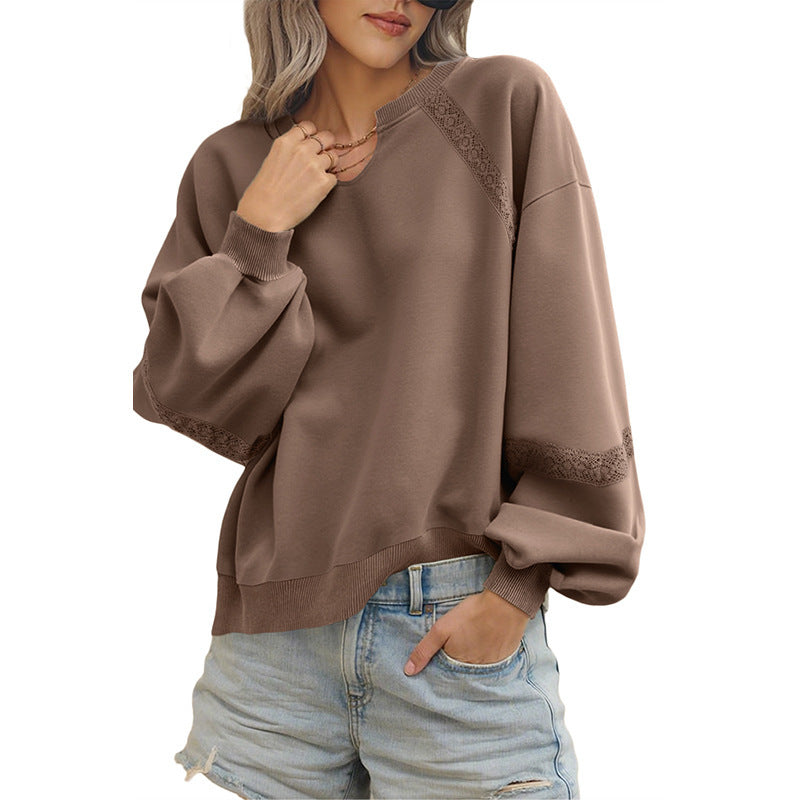 Solid Color Half Open Collar Stitching Lace Loose Stylish Long Sleeves Sweater Bella Mia