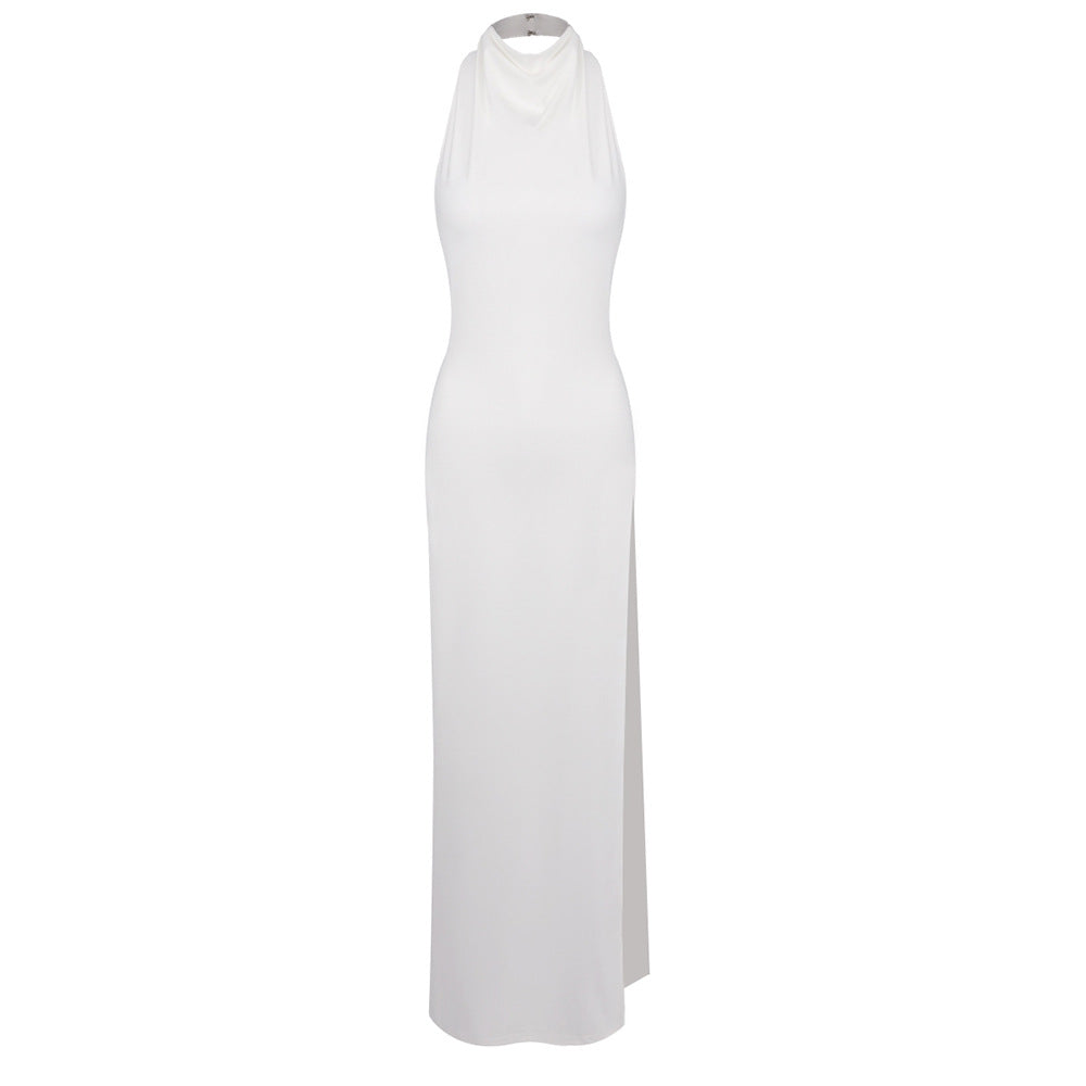 Hollowed out Halter Backless High Bifurcated Rivet Diamond Women Clothing Solid Color Dress Bella Mia