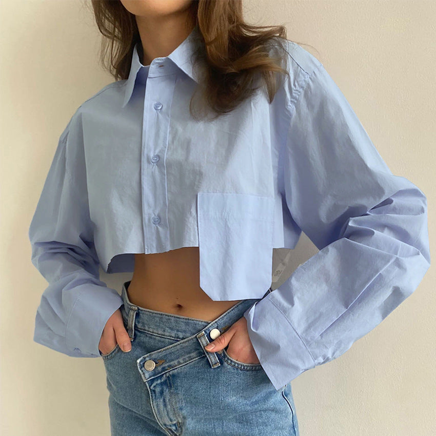 Autumn Cropped Asymmetric Stitching Casual Dignified Sense of Design Short Model in White Color Shirt Women Clothing Bella Mia