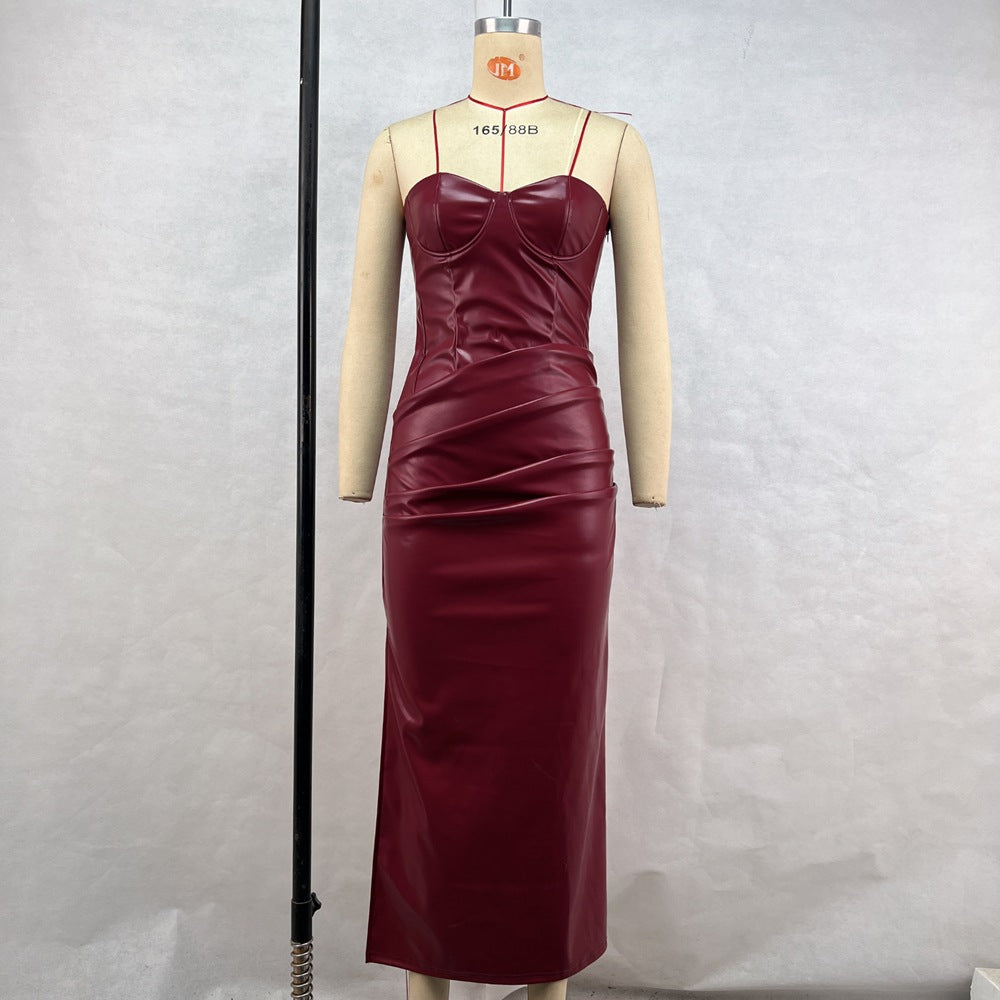Women Clothing Elegant Faux Leather Sexy Tube Top Strap Fold Split Dress Bella Mia