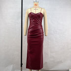 Women Clothing Elegant Faux Leather Sexy Tube Top Strap Fold Split Dress Bella Mia