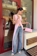 Sleeveless Design Split Long Upper Outer Garment Women Cardigan Breasted Coat Women Thin V neck Bella Mia