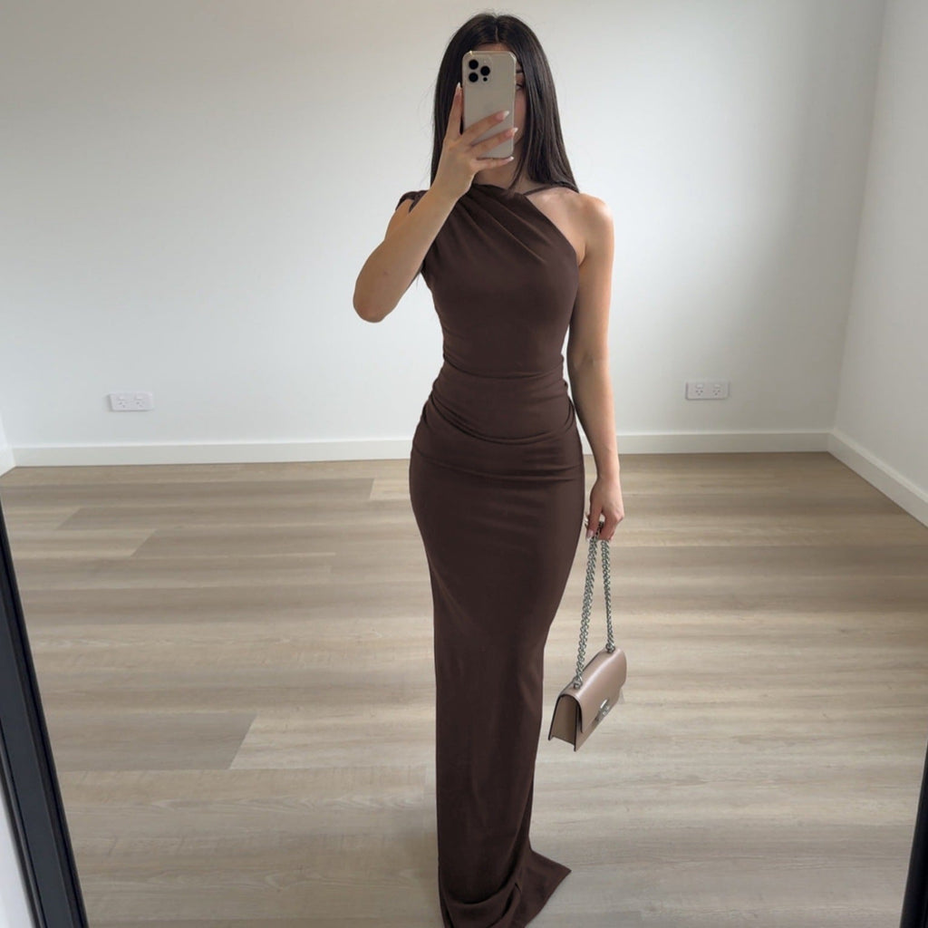 Women Clothing Summer Sexy Slant Shoulder High Waist Slim Fit Slimming Solid Color Sheath Dress Bella Mia