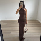 Women Clothing Summer Sexy Slant Shoulder High Waist Slim Fit Slimming Solid Color Sheath Dress Bella Mia