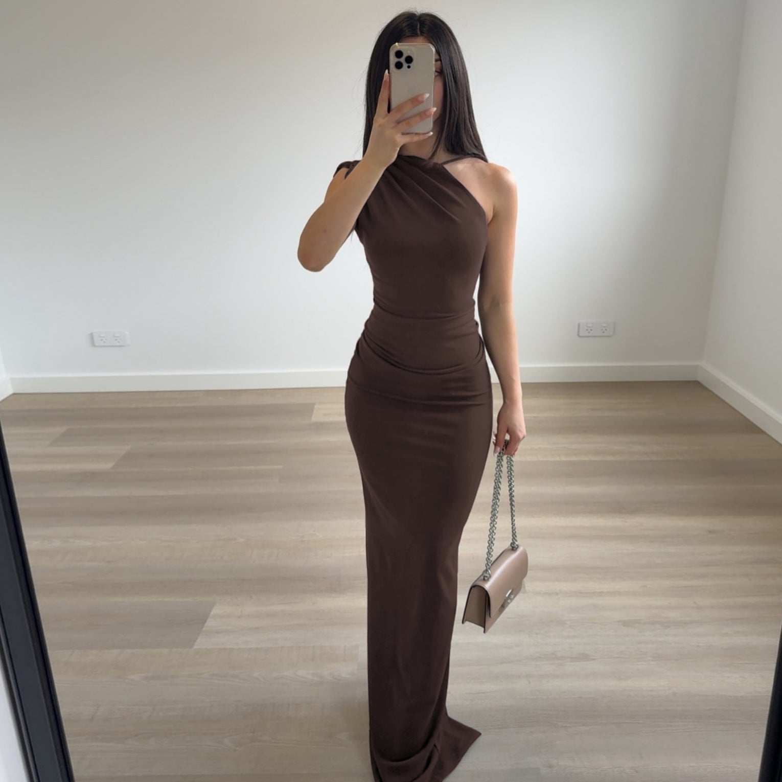 Women Clothing Summer Sexy Slant Shoulder High Waist Slim Fit Slimming Solid Color Sheath Dress Bella Mia