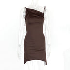 Women Clothing Summer Sexy Backless Irregular Asymmetric Pleated Straps Diagonal Collar Dress Bella Mia