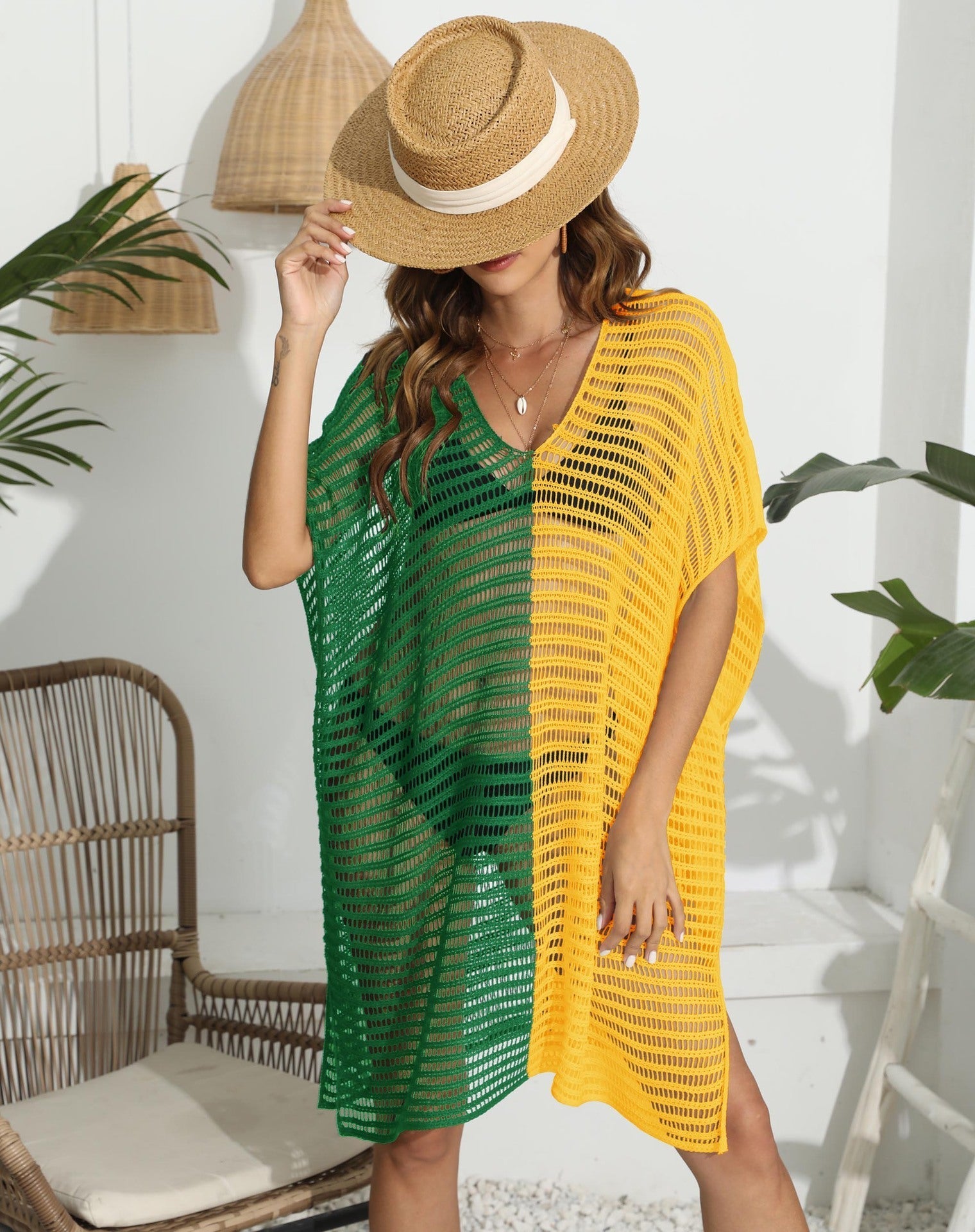 Women Dress Clothing Color Contrast Patchwork Deep V Plunge neck Hollow Out Cutout out Woven Shirt Beach Beach Cover Up Bella Mia
