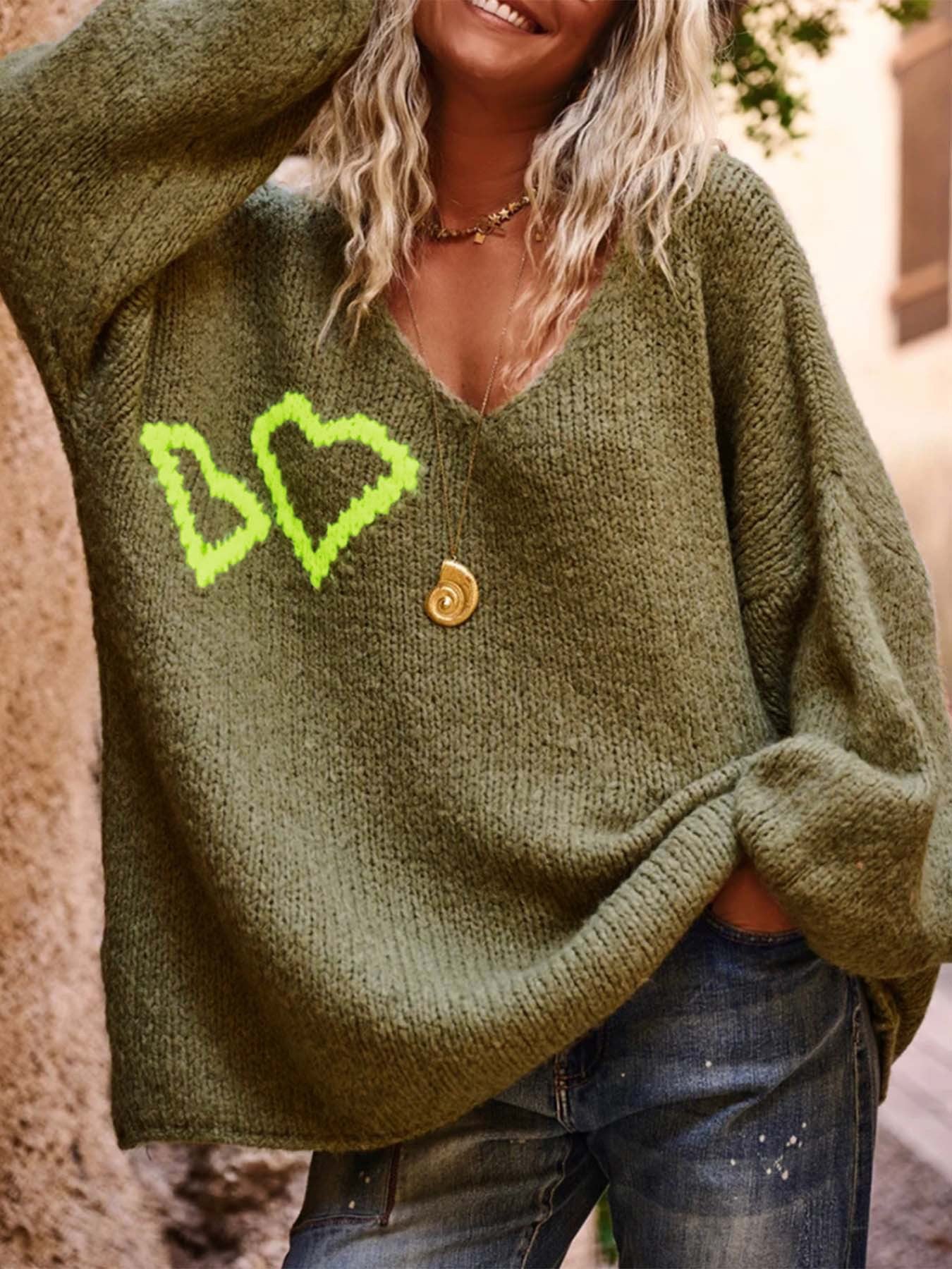 Autumn Winter Love Pattern V neck Sweater Women Casual Loose Long Sleeve Pullover Sweater Bella Mia