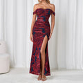 Mesh Camisole Dress Backless High Slit off Neck Slim Fit Ruffle Hip Dress