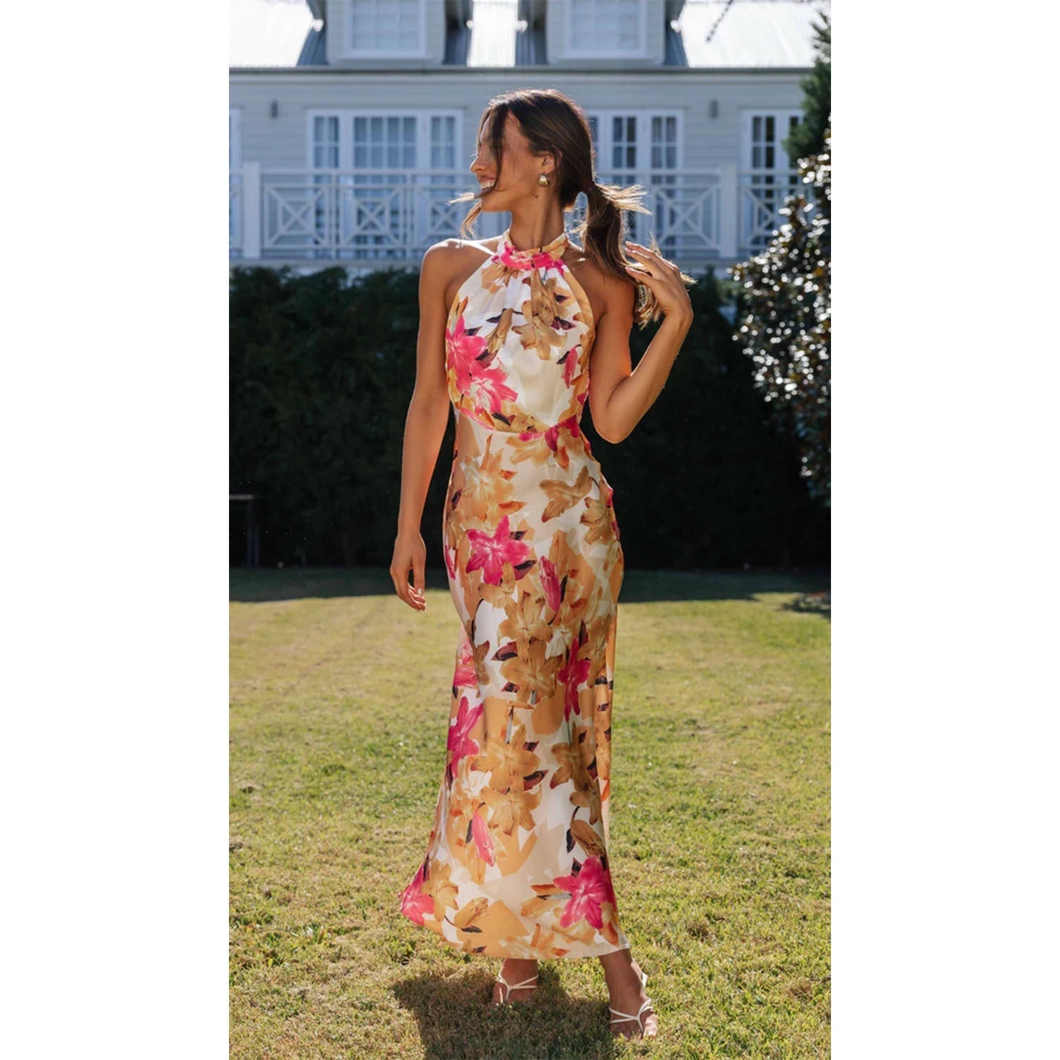 Spring Summer Floral Digital Printing Sweet Halter Mid Length Dress Bella Mia