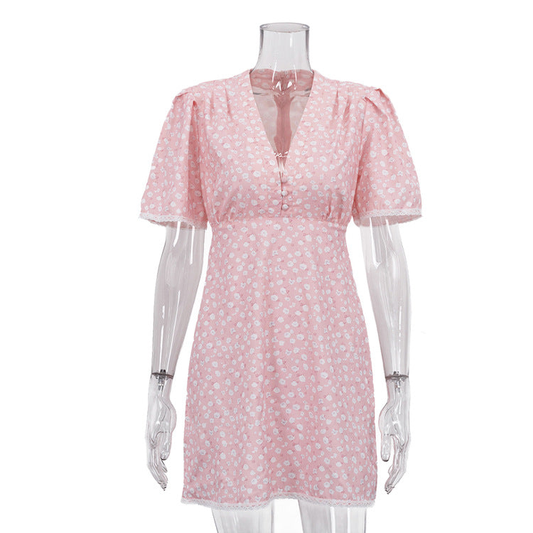Women Clothing Summer Floral Dress Casual V neck Short Sleeve High Waist Short Dress Bella Mia