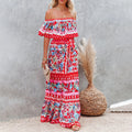 Spring Summer off Shoulder Printing Long Large Hem Dress