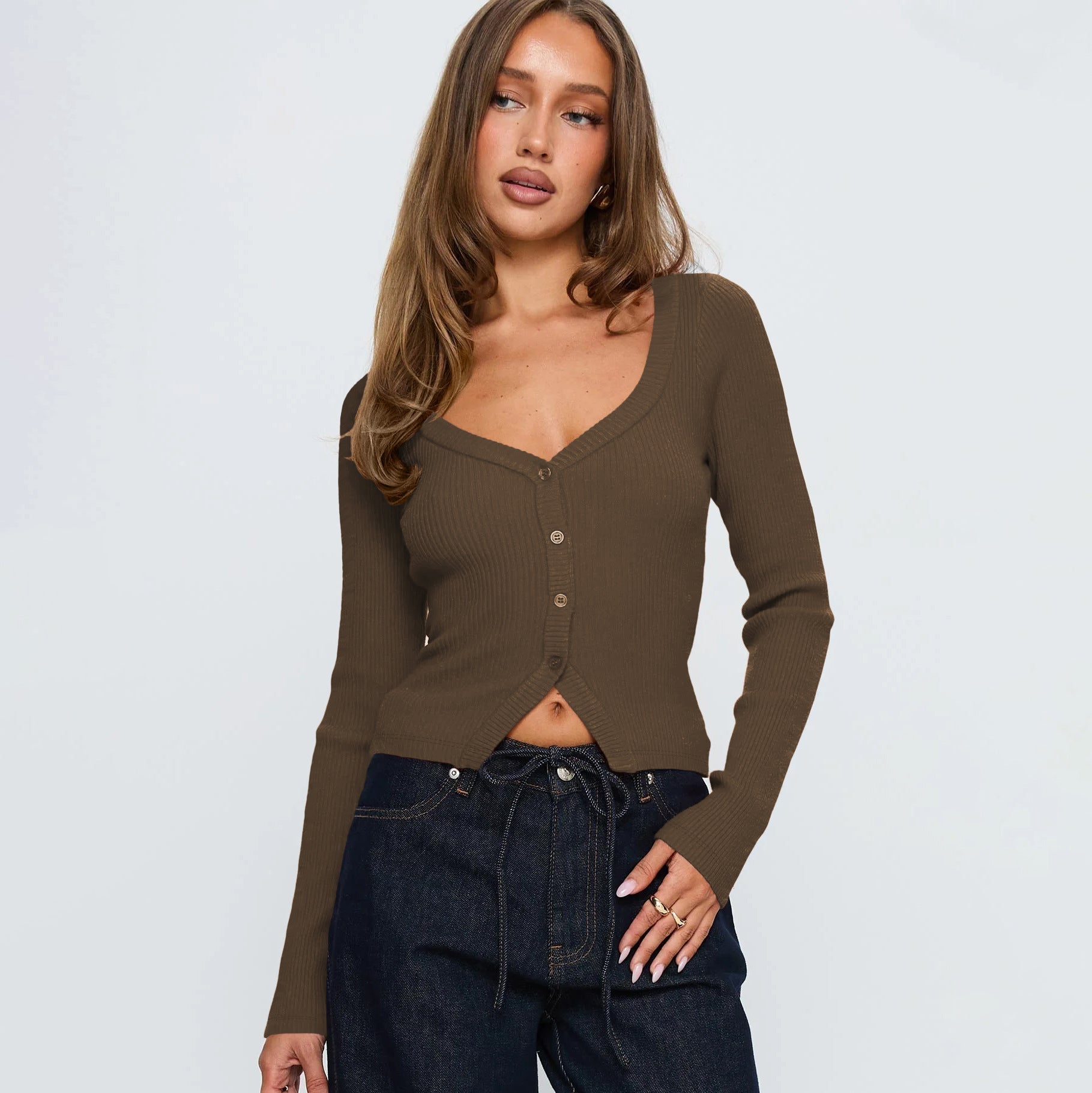 Women Fall Winter V neck Long Sleeve Ribbed Button Cardigan Slim Fit Bella Mia