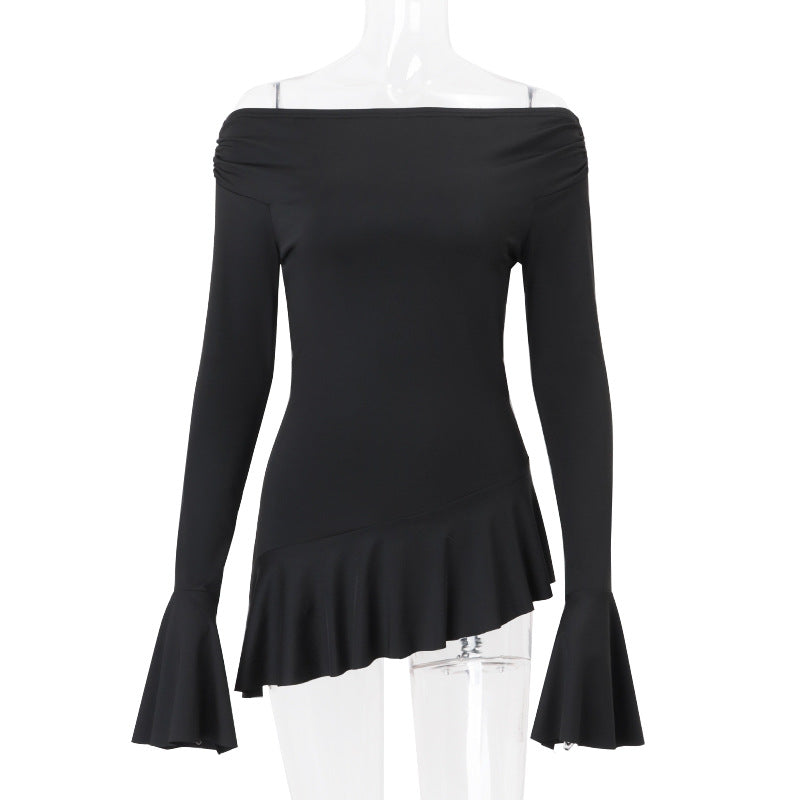 Women Clothing Spring Summer off Shoulder Bell Sleeve Long Sleeved Fitted T shirt Top Women Bella Mia