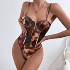 Sexy Street Satin Printed Sling Sexy Backless Breasted Steel Ring Jumpsuit Bella Mia