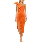 French Swimsuit Solid Color Pleating Oblique Shoulder Bow Two Piece Swimsuit Women