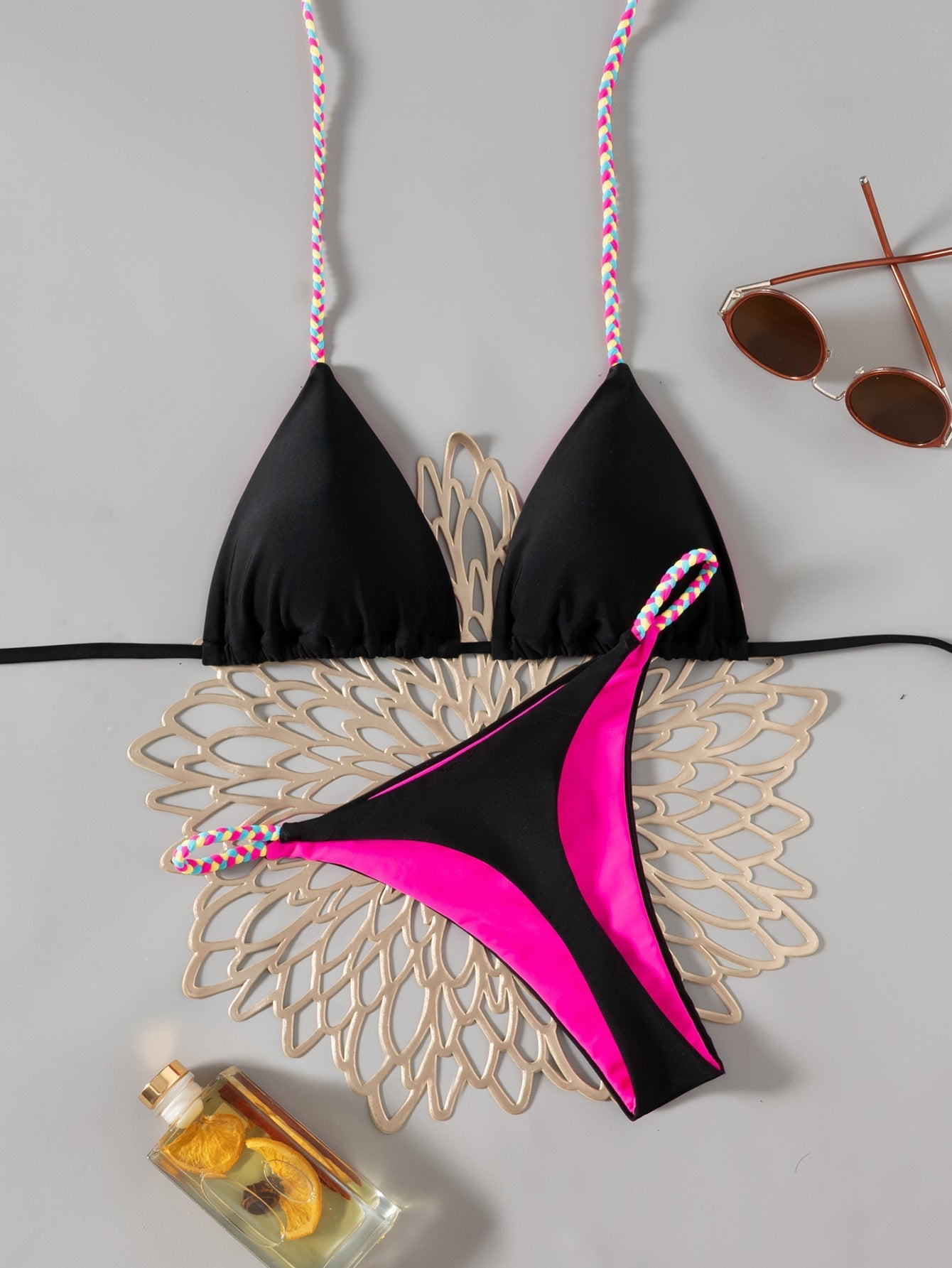 Bikini Contrast Color Lace Up Solid Color T Back Sexy Bikini Split Swimsuit for Women Bella Mia