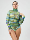 Autumn Tight Turtleneck Jumpsuit Sexy Pleated Long Sleeve See Through Printed Mesh Top Women Bella Mia