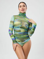 Autumn Tight Turtleneck Jumpsuit Sexy Pleated Long Sleeve See Through Printed Mesh Top Women Bella Mia