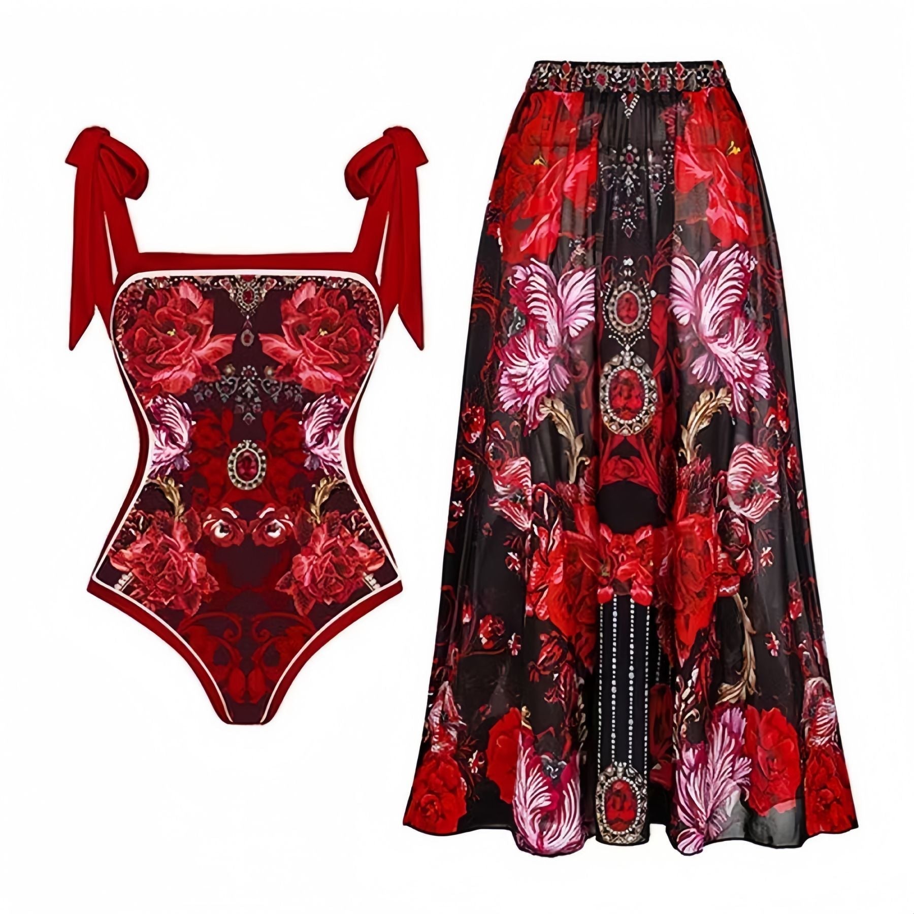 Conservative Sunscreen Swimsuit Women Vintage Printed Gauze Skirt Bikini Bella Mia