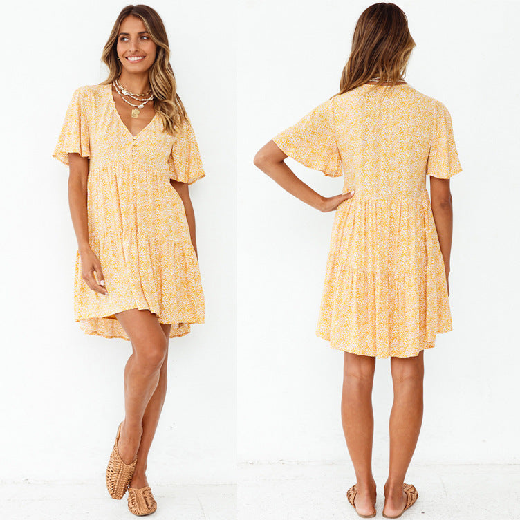 Spring Summer New V-neck Flared Short Sleeve Printed Pleated Large Swing Dress Women Clothing