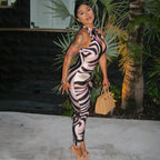 Personality Women Printed Wear Hollow Out Cutout out Slim Fit Sheath Jumpsuit Sleeveless Zebra Pattern Long Jumpsuit Bella Mia
