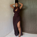 Personalized Pleated Hollow Out Cutout Solid Color Tight Crew Neck Split Maxi Dress Loose Elegant Women Clothing Bella Mia