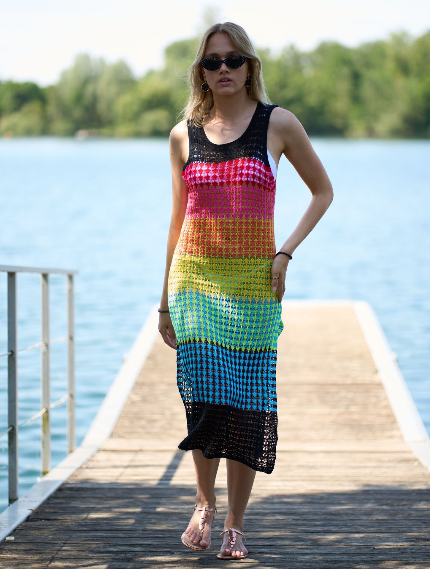 Knitted Wide Horizontal Color Pattern Vest Dress Holiday Casual Beach Bikini Cover Bella Mia