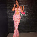 Summer Sleeveless Floral Print Lace Up Long Heart Stitching Hollow Out Cutout Dress Bella Mia