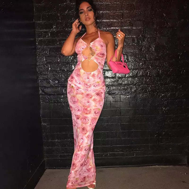 Summer Sleeveless Floral Print Lace Up Long Heart Stitching Hollow Out Cutout Dress Bella Mia