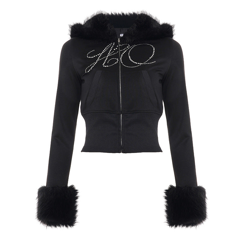 Autumn Winter Casual Furry Long Sleeved Zipper Sweater Coat Letter Graphic Rhinestone Sweatpants Two Piece Sets Bella Mia
