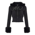 Autumn Winter Casual Furry Long Sleeved Zipper Sweater Coat Letter Graphic Rhinestone Sweatpants Two Piece Sets Bella Mia