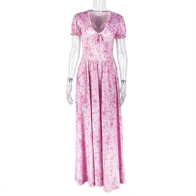 Sweet Women Clothing Printing Elegant A line Dress Pleated V neck Bubble Sleeve Length Dress Bella Mia