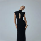 Women Clothing Black Fashionable Slim Fit Figure Flattering Stand Collar Chest Hollow Out Cutout out Mesh Stitching Mop Dress Bella Mia