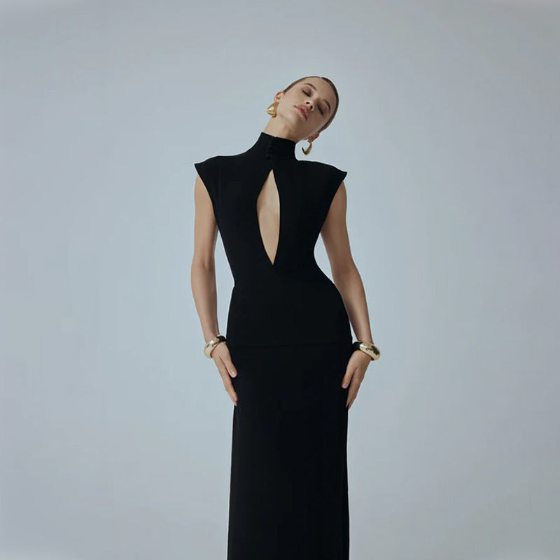 Women Clothing Black Fashionable Slim Fit Figure Flattering Stand Collar Chest Hollow Out Cutout out Mesh Stitching Mop Dress Bella Mia