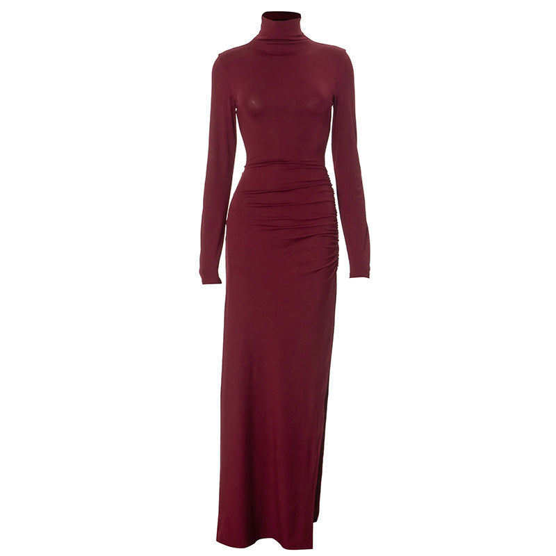 Autumn Solid Color Half High Collar Long Sleeves Slit Slim Fit Sexy Long Women Dress Bella Mia
