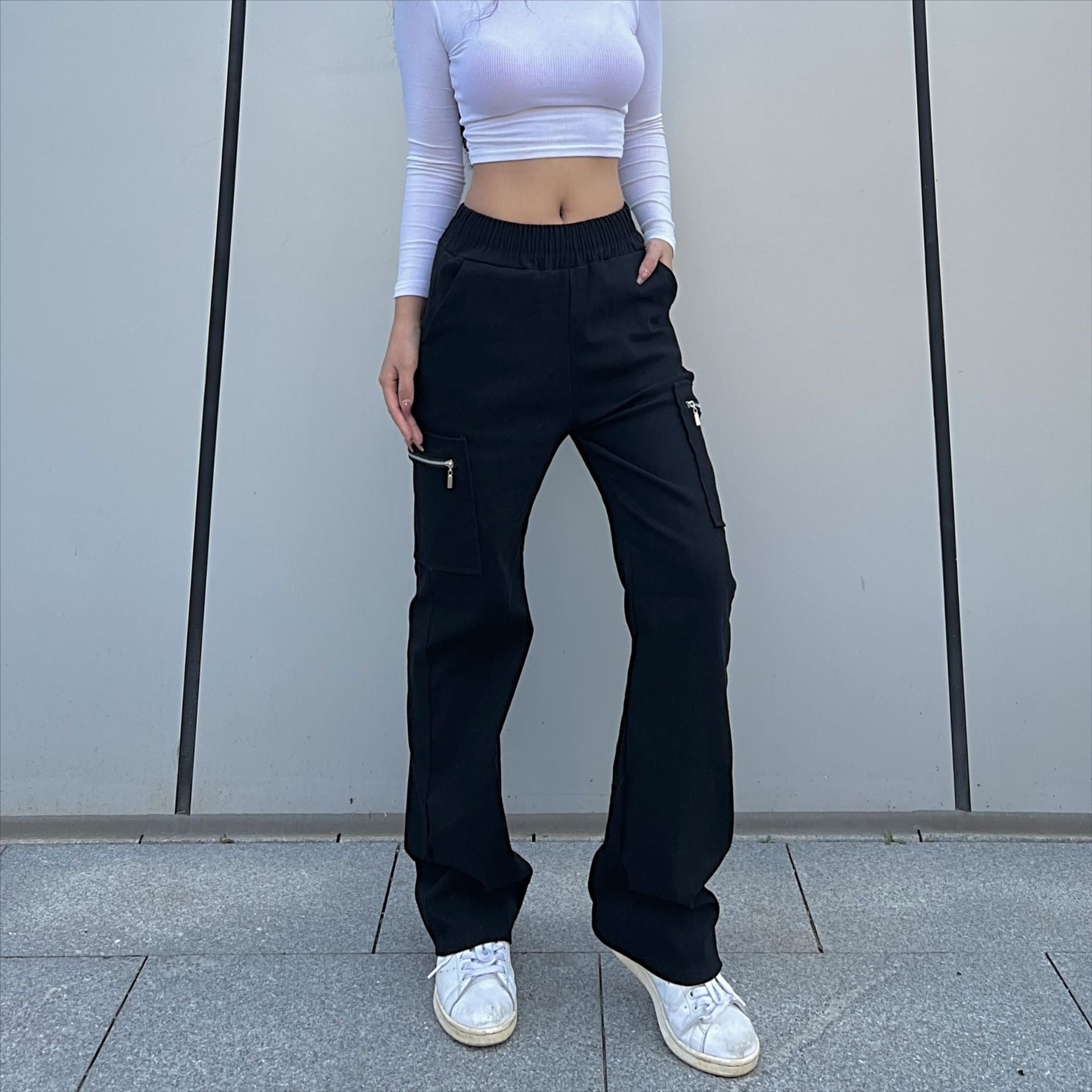 Trendy Women Pants Trendy Cargo Pants Pocket Zipper Trousers Loose Street Straight Leg Pants Mop Trousers Bella Mia