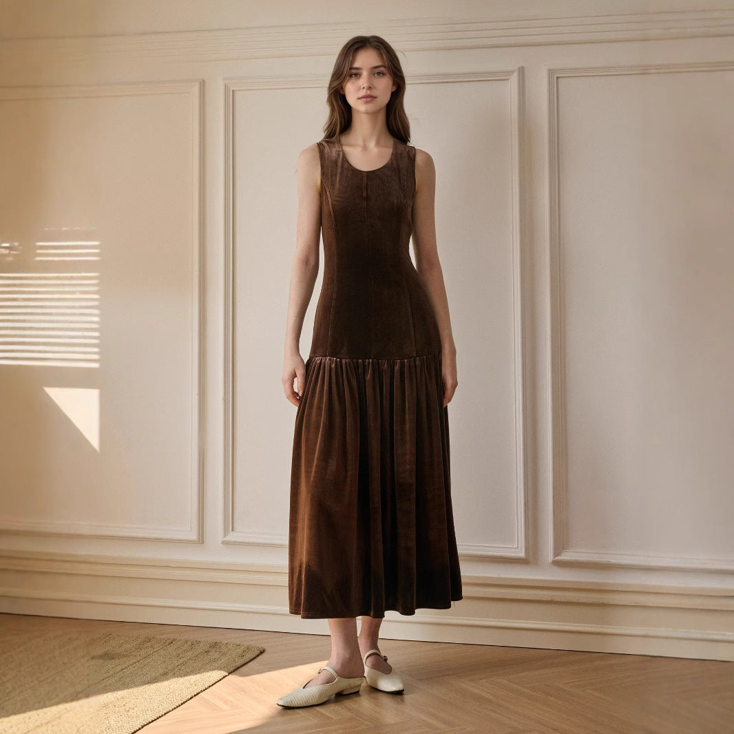 Women Clothing Autumn Solid Color Pleated Dress Sleeveless Slimming Velvet Dress