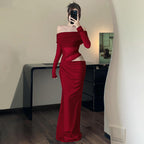 Women Clothing Spring Sexy Sexy off Shoulder Mesh Stitching Long Sleeves Hollow Out Cutout Dress Women Bella Mia