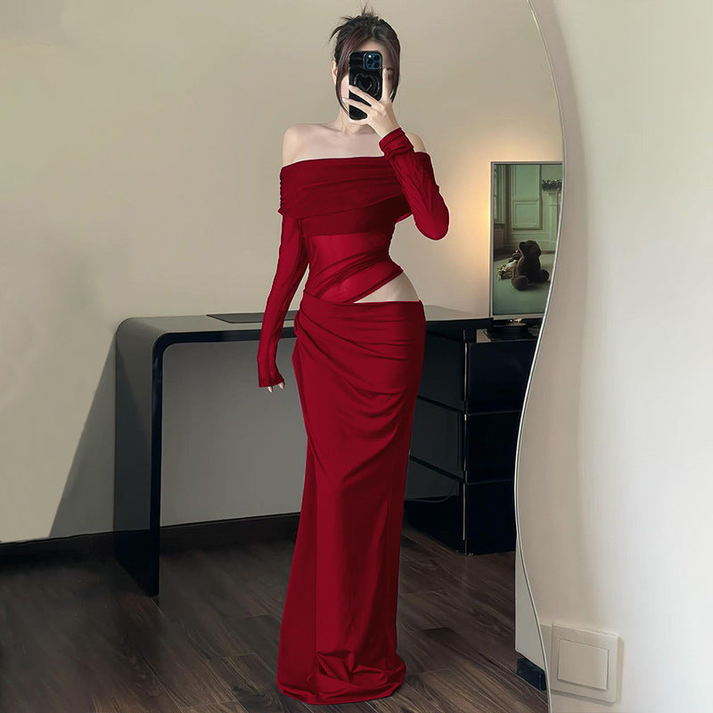 Women Clothing Spring Sexy Sexy off Shoulder Mesh Stitching Long Sleeves Hollow Out Cutout Dress Women Bella Mia