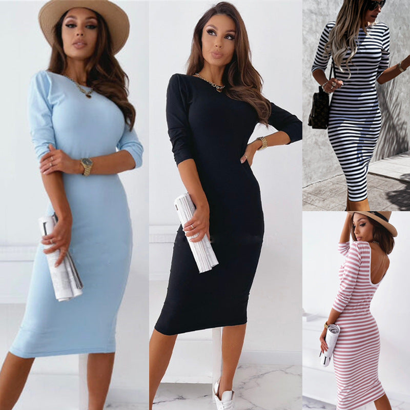 Office Sexy Backless Hip Knitwear Long Sleeve Knee-Length Dress Bella Mia