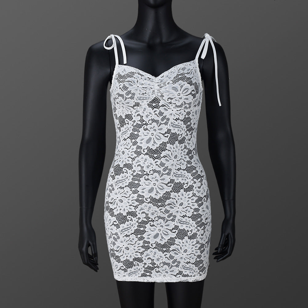 Sexy Women Clothing See through Slim Fit Lace up Sling Floral Lace Sheath Dress Bella Mia
