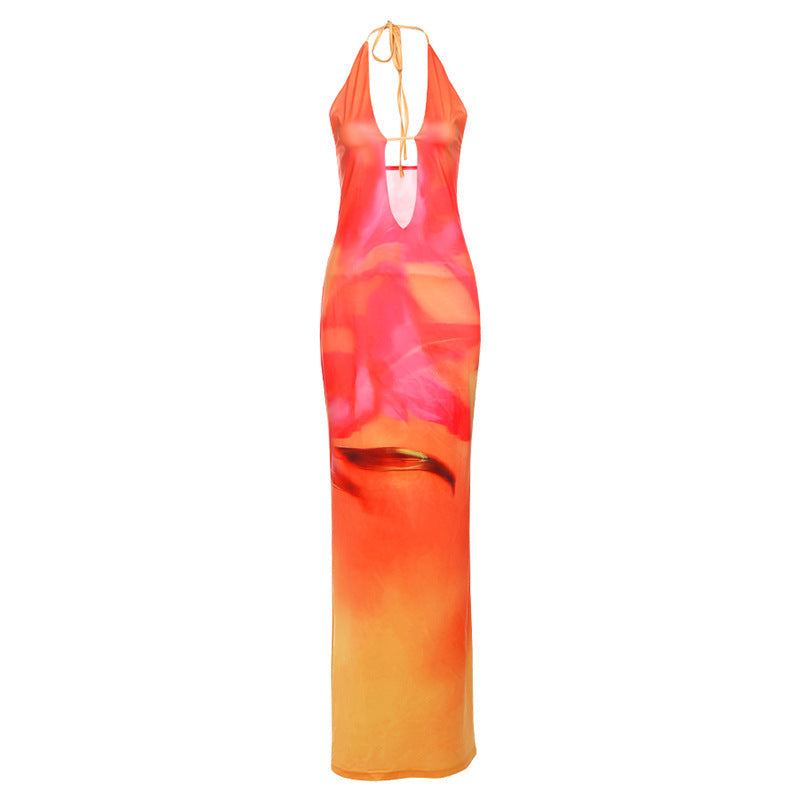 Spring Women Clothing Personalized Printing Hollow Out Cutout Slim Fit Halter Lace up Sheath Dress Bella Mia