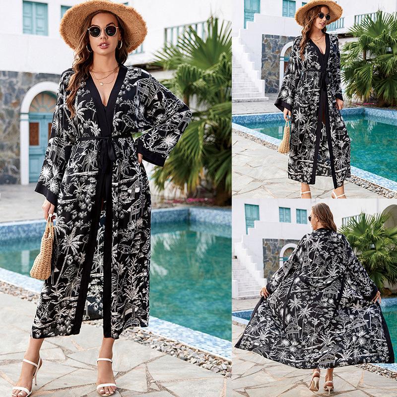 Black Edged Rayon Printed Beach Cover Up Sexy Cardigan Loose Bikini Cover Bella Mia