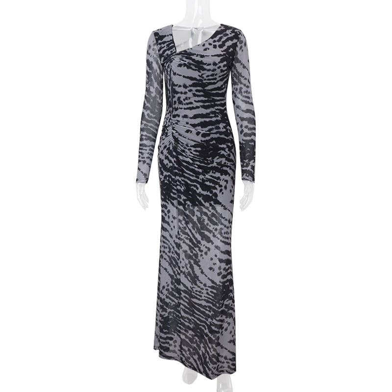 Women Clothing Autumn Retro Sexy off Shoulder Zebra Stripe Slim Fit Long Sleeve Dress Women Bella Mia