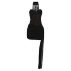 Autumn Winter Women Clothing Sexy Mesh Stitching Slim Slim Backless Halter Sheath Dress Bella Mia