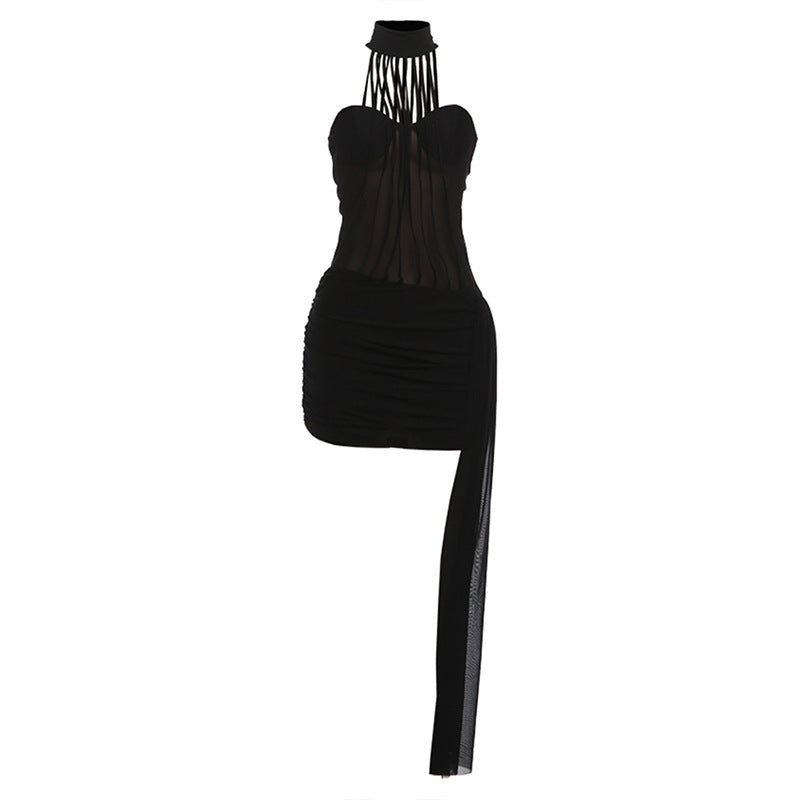 Autumn Winter Women Clothing Sexy Mesh Stitching Slim Slim Backless Halter Sheath Dress Bella Mia
