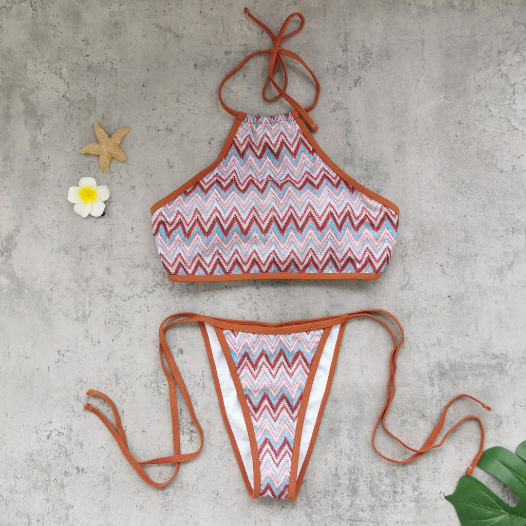 Halter Strap Sexy Backless Low Waist Tube Top Bikini Striped Printed Split Swimsuit Bikini Bella Mia